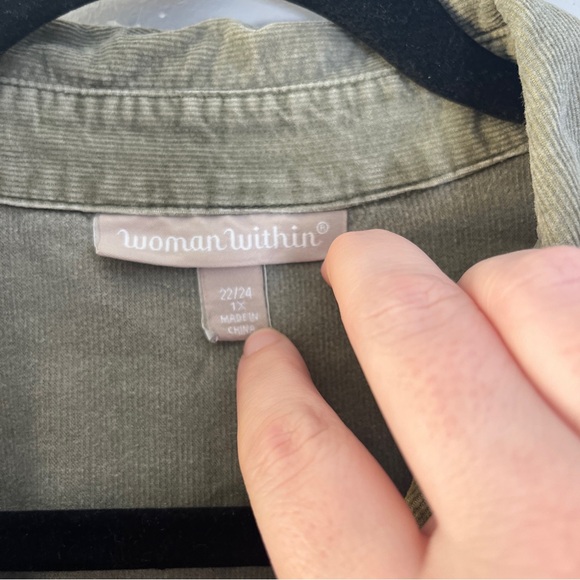 Woman Within Olive Green Embroidered Corduroy Button Up Shirt Plus Size 1X - Picture 5 of 7